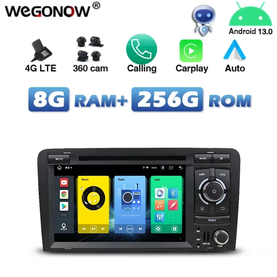 4G SIM DSP IPS Carplay Auto Android 13.0 8G+256G 8-ядерный автомобильный DVD-плеер Wi-Fi Bluetooth RDS RADIO GPS для Audi