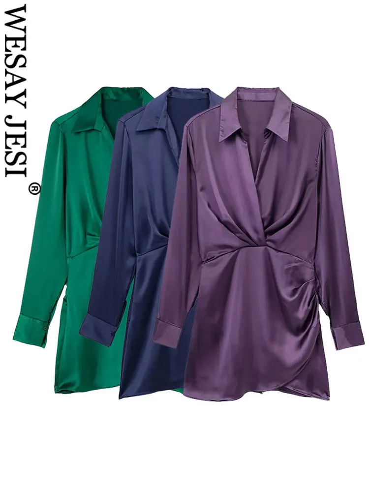 

WESAY JESI Women's Fashion Satin V Neck Long Sleeve Dress Vintage Solid Color Pleated Slim Female Mini Dress Spring Summer