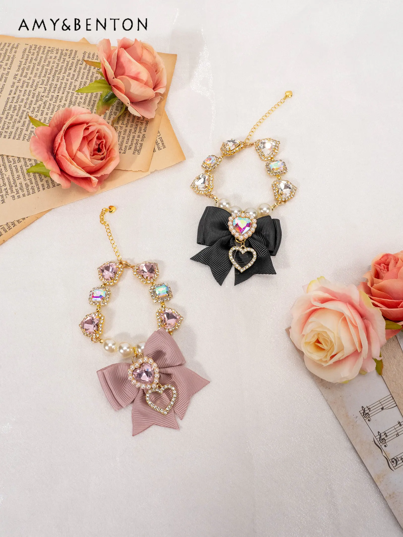 

Japanese Style Bow Bracelets Heart Shape Rhinestone Women's Bracelet Sweet Liz Style Sweet Cute Girl Bracelet Adjustable