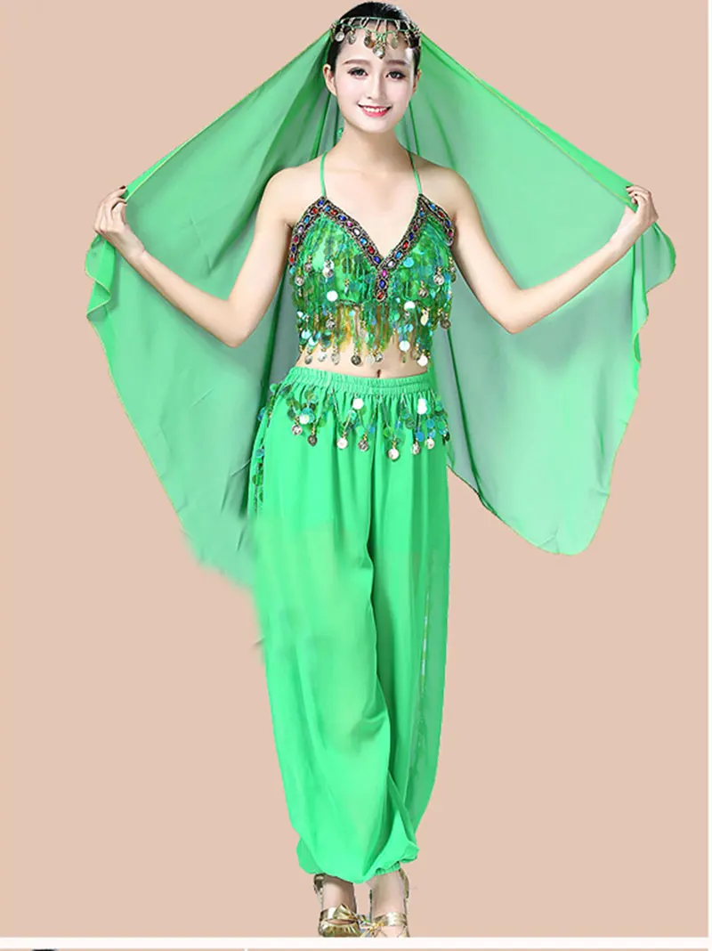 Костюмы для танца живота для женщин, 3 шт.: брюки, топ и покрывало на голову, индийский болливудский стиль, для выступлений.