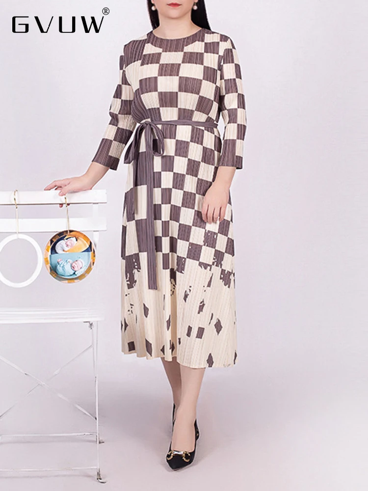 

GVUW Lace-up Pleated Women's Dress Elegant Print Plaid O-neck Long Sleeve Loose 2023 Autumn Female Color Block Clothing 17J0595