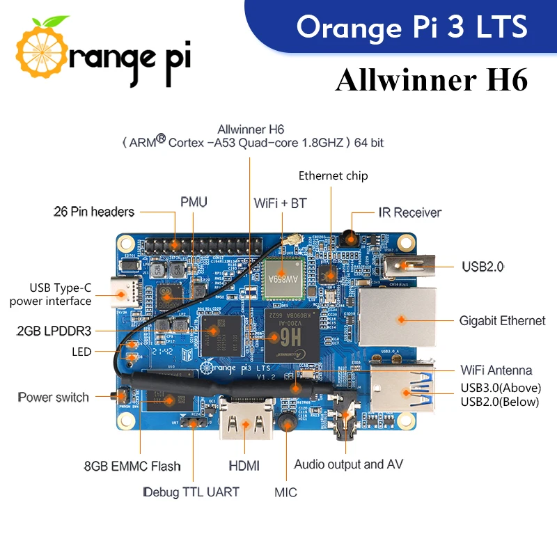 Один компьютер Orange Pi 3 LTS AllWinner H6 2 Гб ОЗУ 8 ГБ EMMC макетная плата работающий на Android 9 0