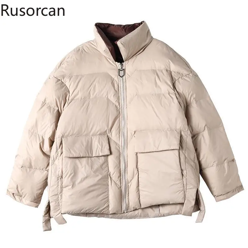 

Пуховик женский зимний контрастный с воротником-стойкой и карманами