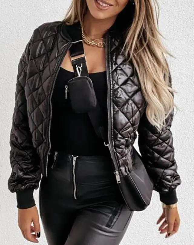 Winter Thick Cardigan Coats Cool Women's Jackets Quilted Long Sleeve Zipper Design Puffer Jacket Moto Biker Black Short Coat