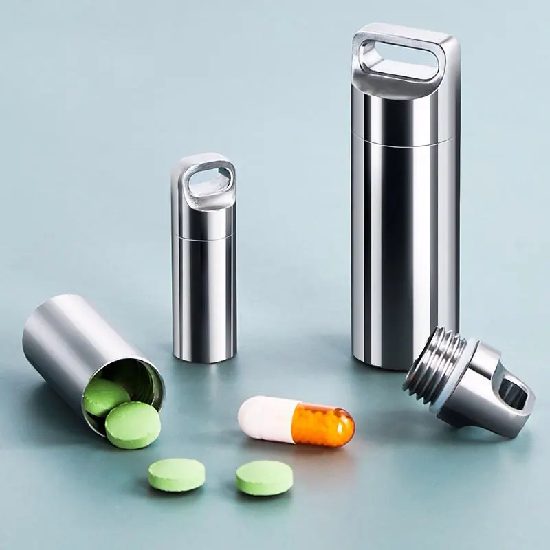 

Mini Stainless Steel Sealed Capsule Waterproof Pill Box Camping Firstaid Pendant Travel Outdoor Pill Case Organizer Portable