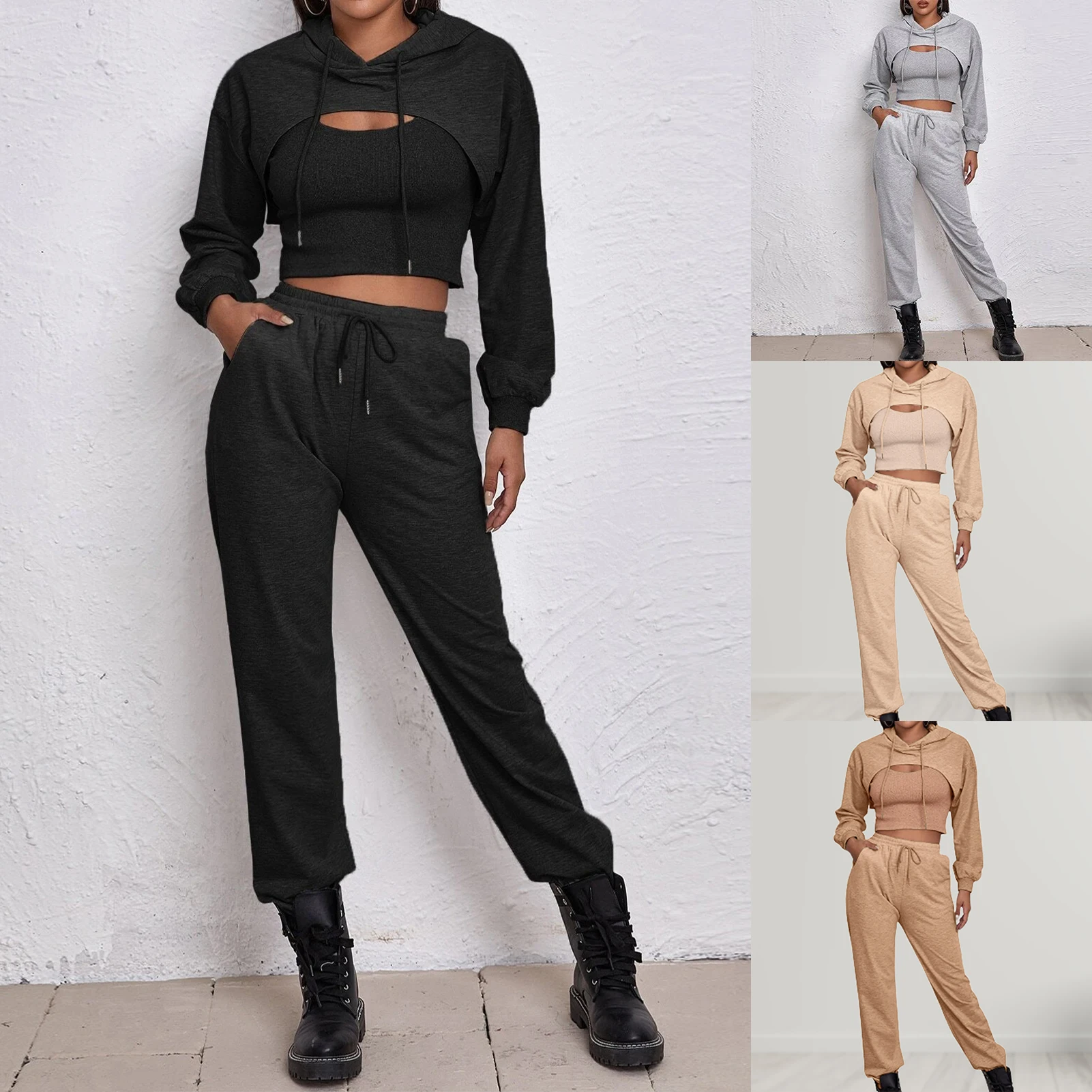 

Hoodies Suit Winter Spring Solid Casual Tracksuit Women Fleece 3 Pieces Set Sports Sweatshirts Pullover Sweatpants Wholesale