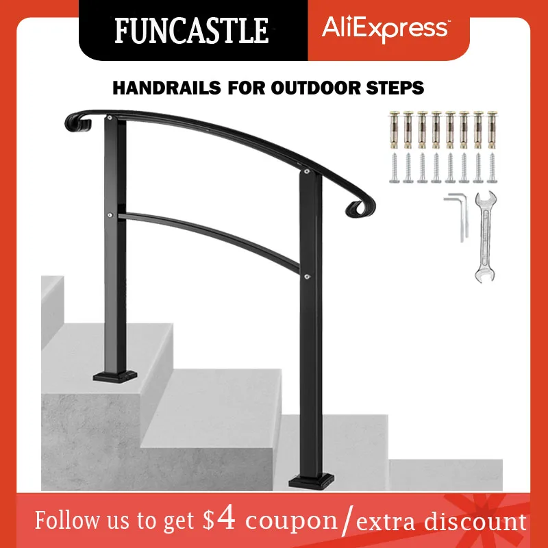 Wrought Iron Handrail Fit 3/5 Steps Black Arch Stair Railing Handrail Tools Front Porch Hand Railings For Outdoor Step With Kits