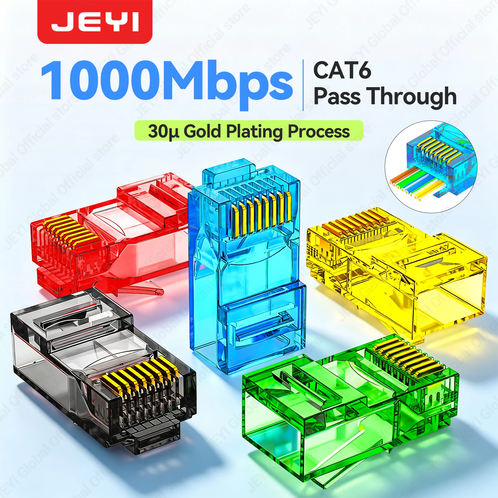 Фото Модульные соединители JEYI RJ45 Cat6 для сквозного монтажа, разных цветов, легко обжимаемые, для цельного или многожильного сетевого кабеля UTP, 100/50/10 шт. №1