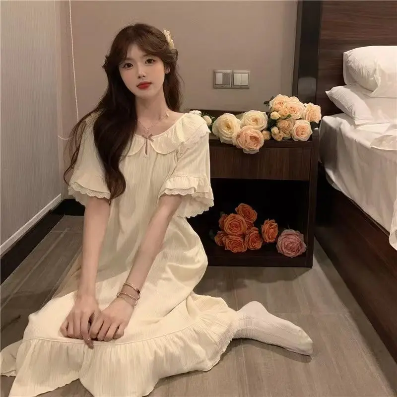 

Lace Pajamas Sleepwear Womens Nightgown Korean Style Night Dress Peter Pan Collar Summer Sleep Nightwear Short Sleeve Home Wears