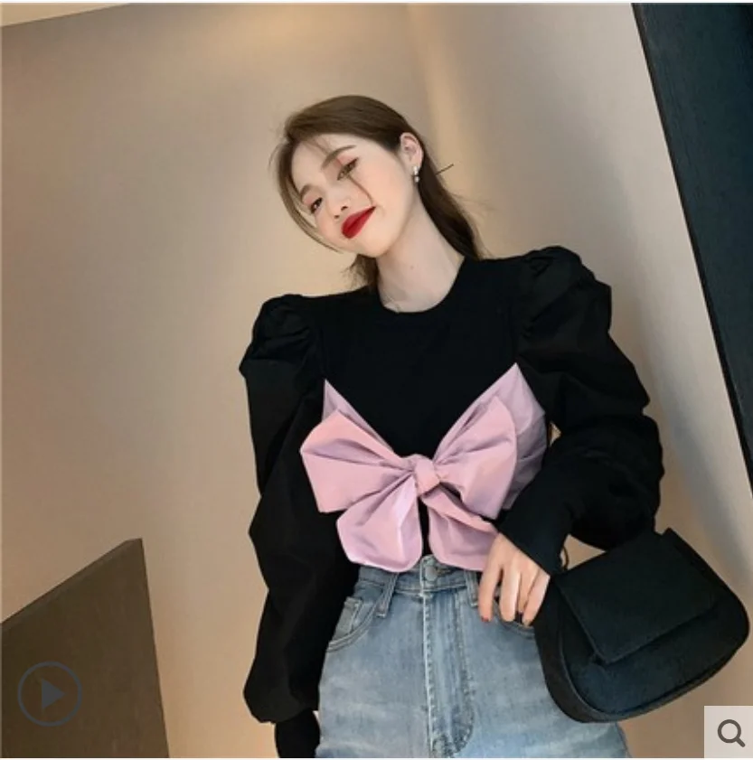 

Korean Sweet Bow Tie Pullover Korean Puff Long Sleeve O-neck Women Tops 2020 Autumn Winter New Pull Jumpers
