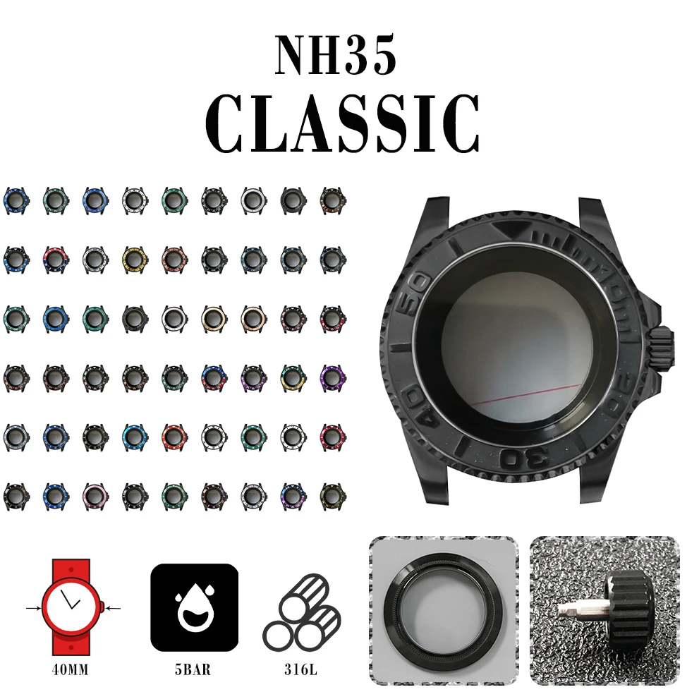 

PVD Plated Black SUB Fine Steel Permeable Case 40mm Sapphire Flat Mirror for NH35/NH36 Movement