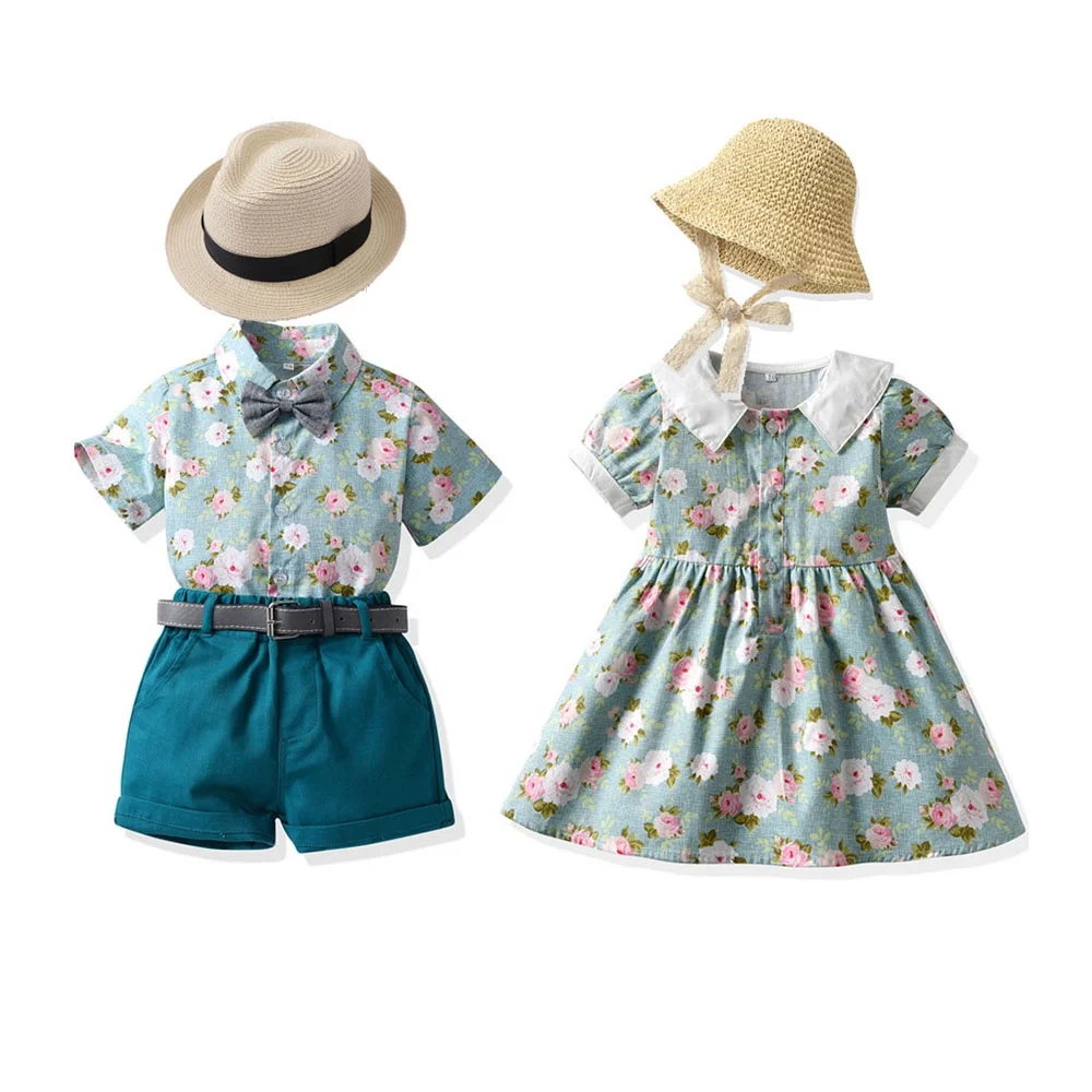 

Baby Clothes Boy Summer Flower Girls Dress Kids Brother and Sister Matching Family Twins Outfit for Photograph