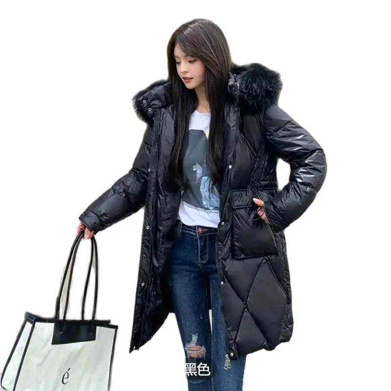 Fashion Women's Down Jackets Winter Long Fur Collar Hooded Casual Coat Glossy Silver Parkas Thick Jackets Women Outwear