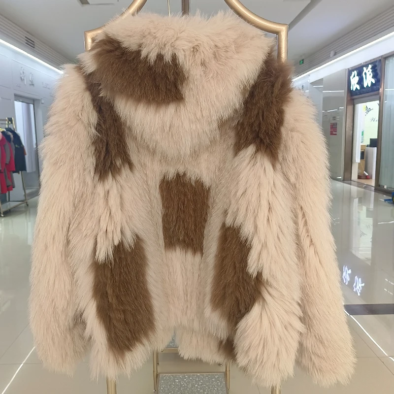 Fashion Winter Double Knitted 100% Real Fox Fur Hooded Jacket Women's Thick Jacket Knitted Craft Casual Coat Length 70cm