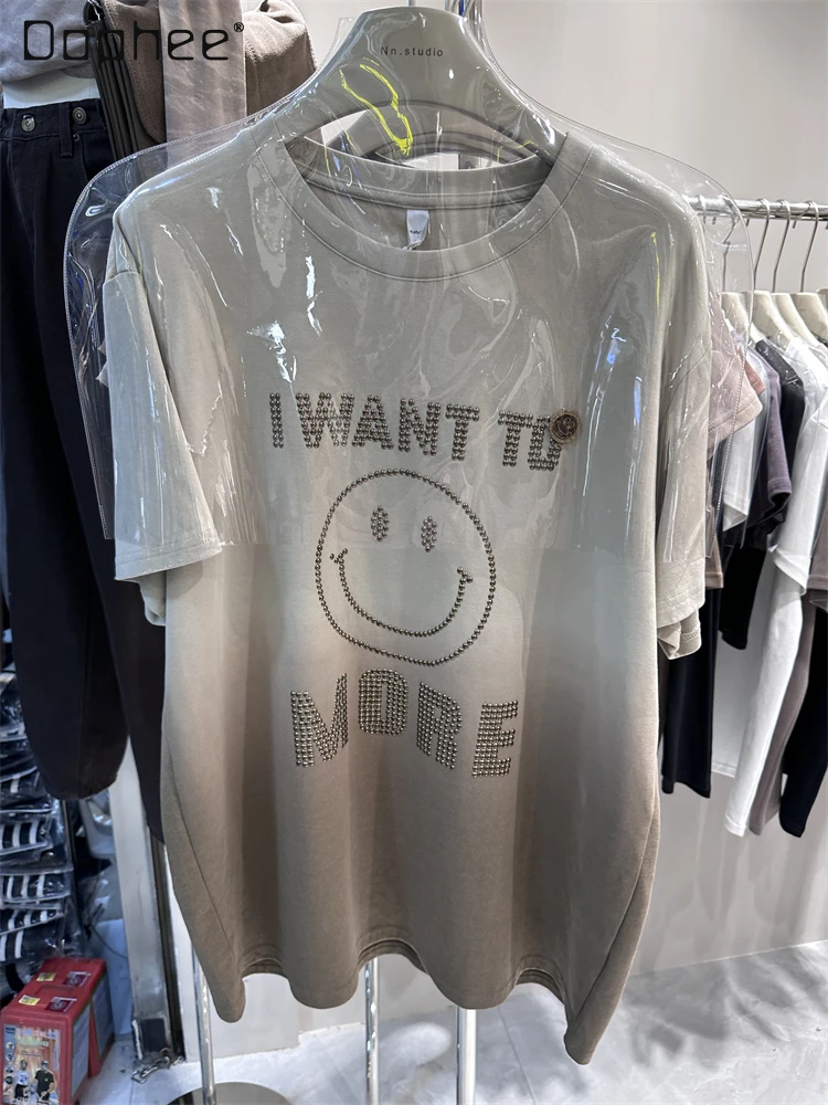 

Fashionable Loose Mid-Length Cartoon Rhinestone Cotton Short Sleeve T-shirt Women 2023 Autumn New Round Neck Half Sleeve Top