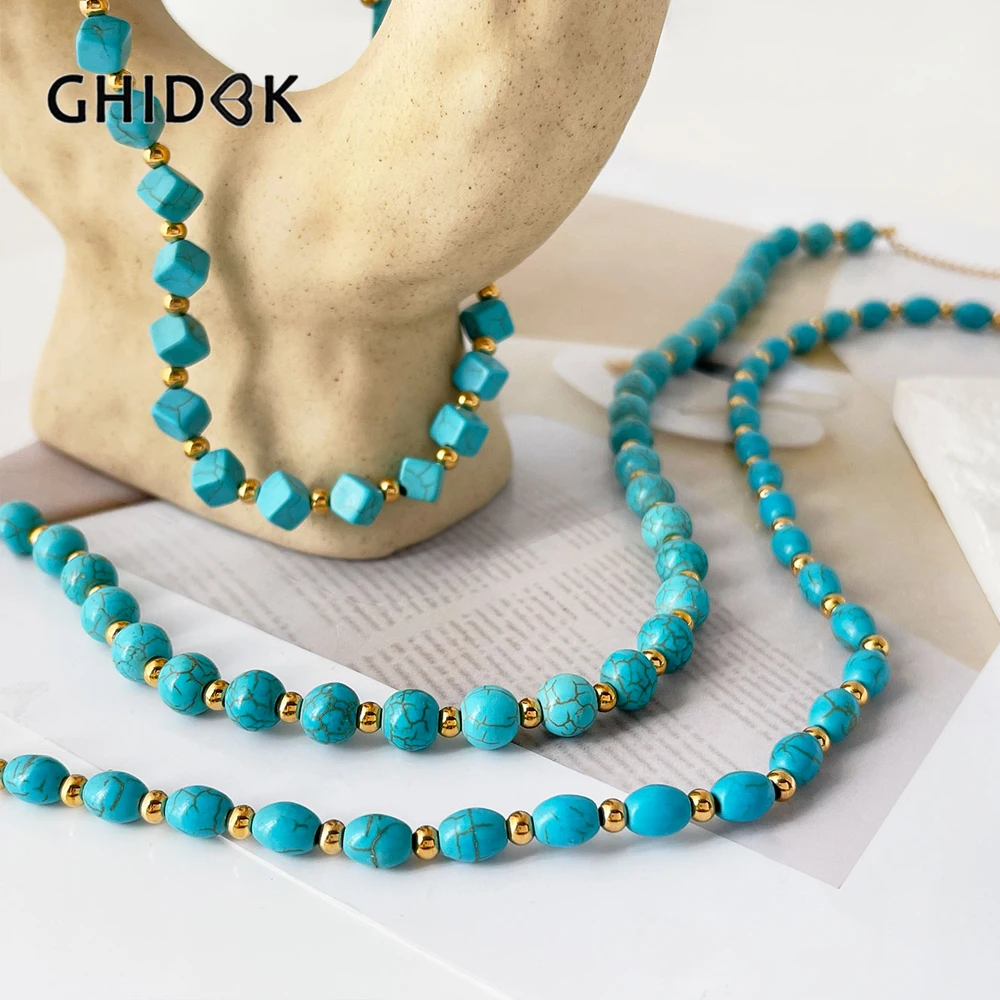 

GHIDBK Mix Stainless Steel Gold Plated Beads Round Oval Cube Turquoise Necklaces for Women Statement Natural Stone Jewelry