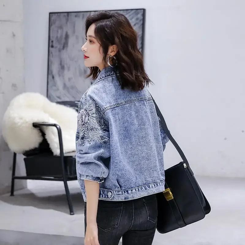 Женские джинсовые пальто Весна Осень с бусинами куртки Свободные предложения