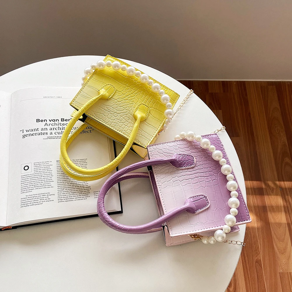 

Women Pearl Chain Messenger Bags Small Alligator Pattern Gradient PU Shopping Bag Fashion Pearl Chain Crossbody Bags