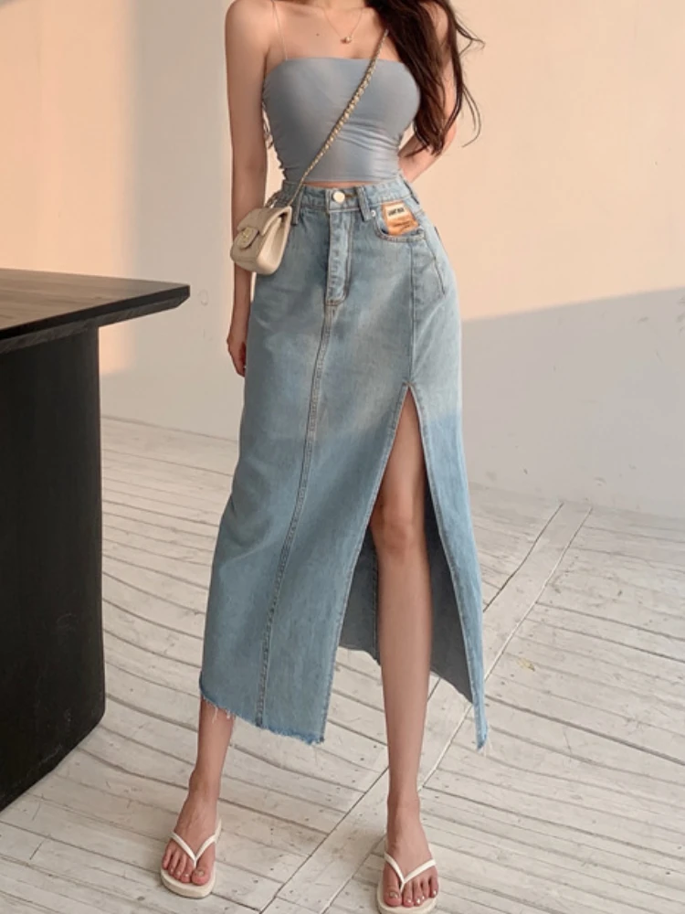 DEEPTOWN Long Denim Skirt Vintage Women Solid High Waist  A-LINE Slim Korean Style Jean Slit Midi Skirt Summer Fashion Girl