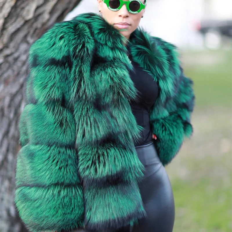 Natural Fox Fur Jacket Women Luxury Thicken High Street Outertwear Lady Winter New Warm Cozy Genuine Green Fox Fur Coat Female