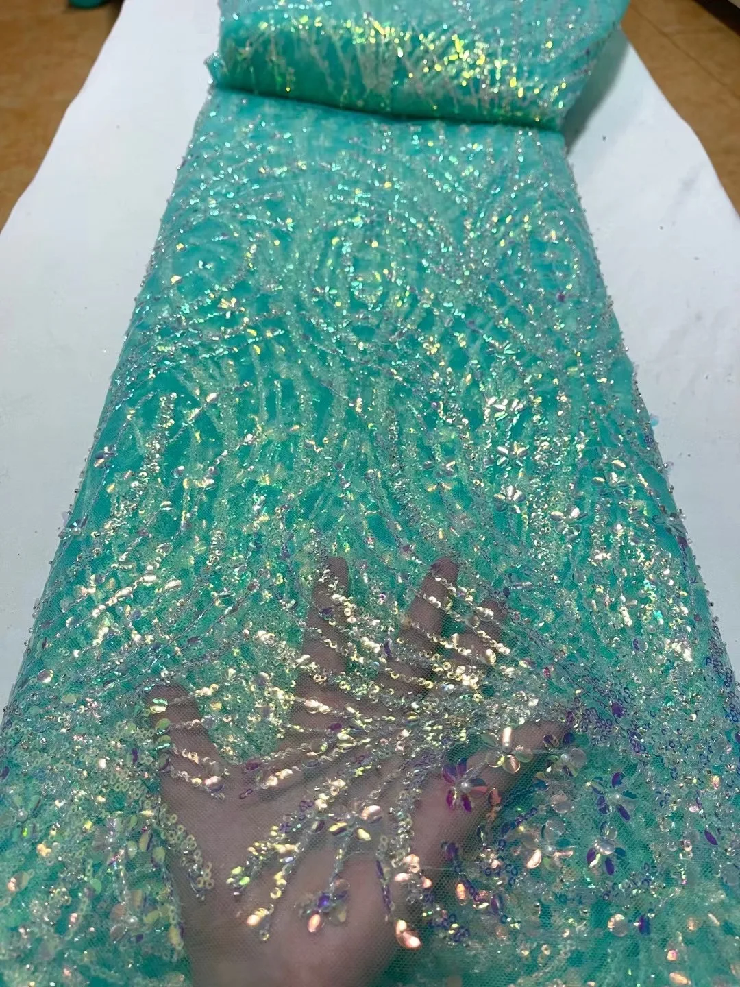 

Luxury Nigerian Tulle Lace Fabrics With Beads Pearl High Quality African Sequin Lace Fabric French Tulle Lace For Wedding Party