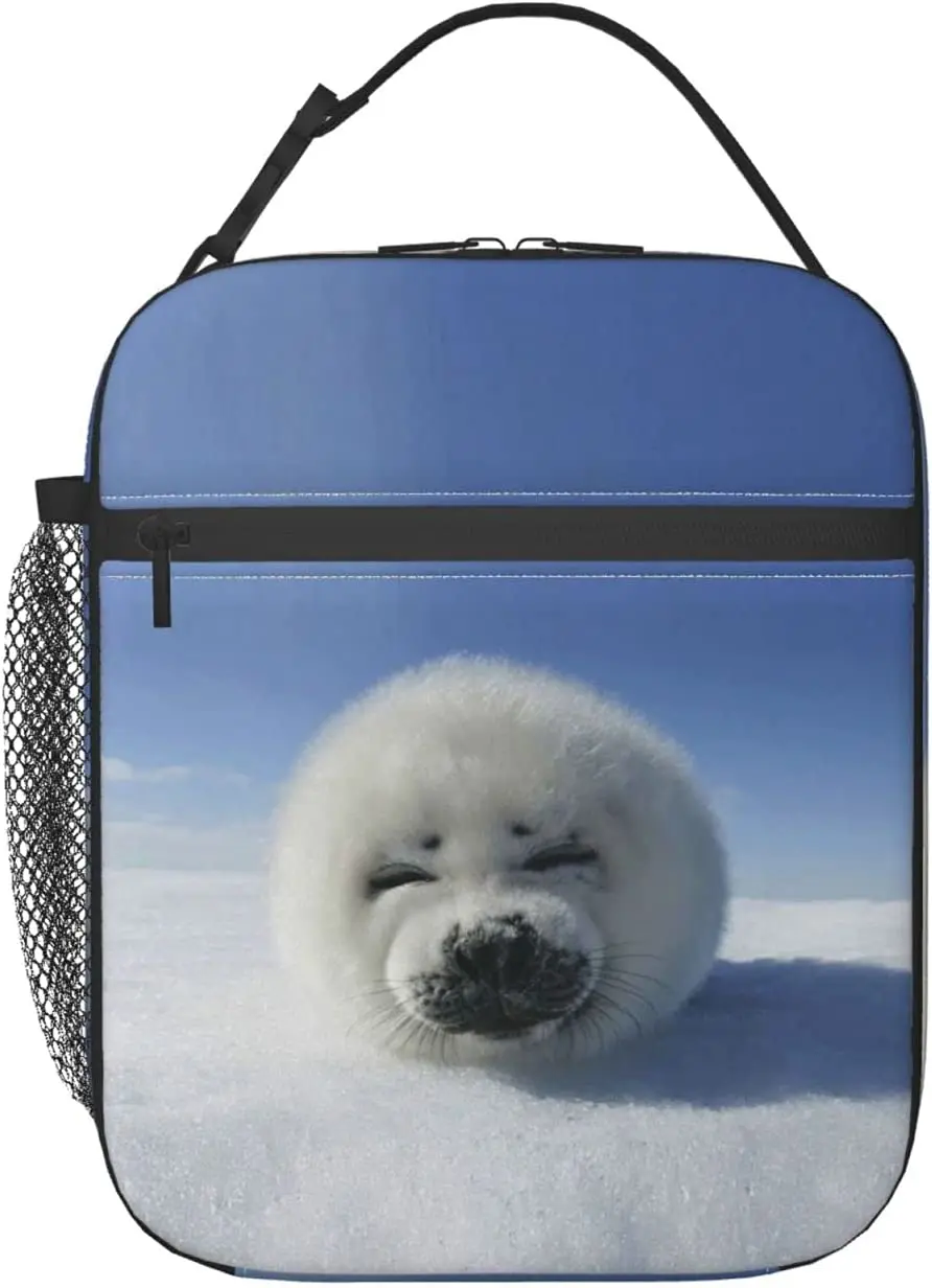 

Smiling Harp Seal Insulated Lunch Box Removable Buckle Handle Strap Bag Thermal Lunch Container for Women Men Kids