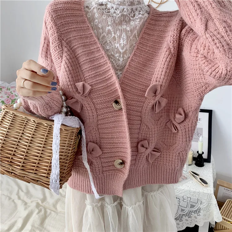 

Pink Bow Tie Blue Sweater Jacket Kawaii Womenr Knit Cardigan Korea Style Coats Pull Femme Vintage Cardigans Autumn Winter