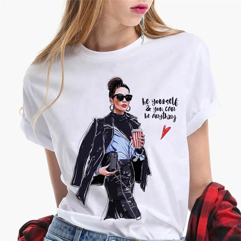 Женская свободная белая футболка Paris Girl Europe and America