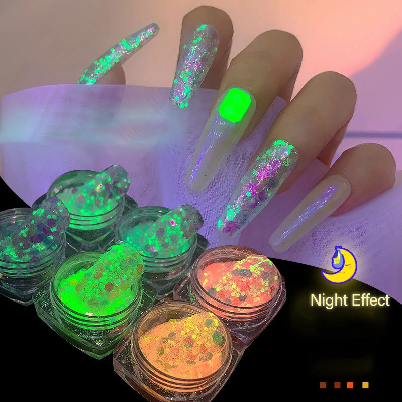 

6pcs Luminous Nail Glitter Neon Fluorescent Flake Glow in the Dark Sequin For Manicure Design Decoration Magic Glitter Sequin