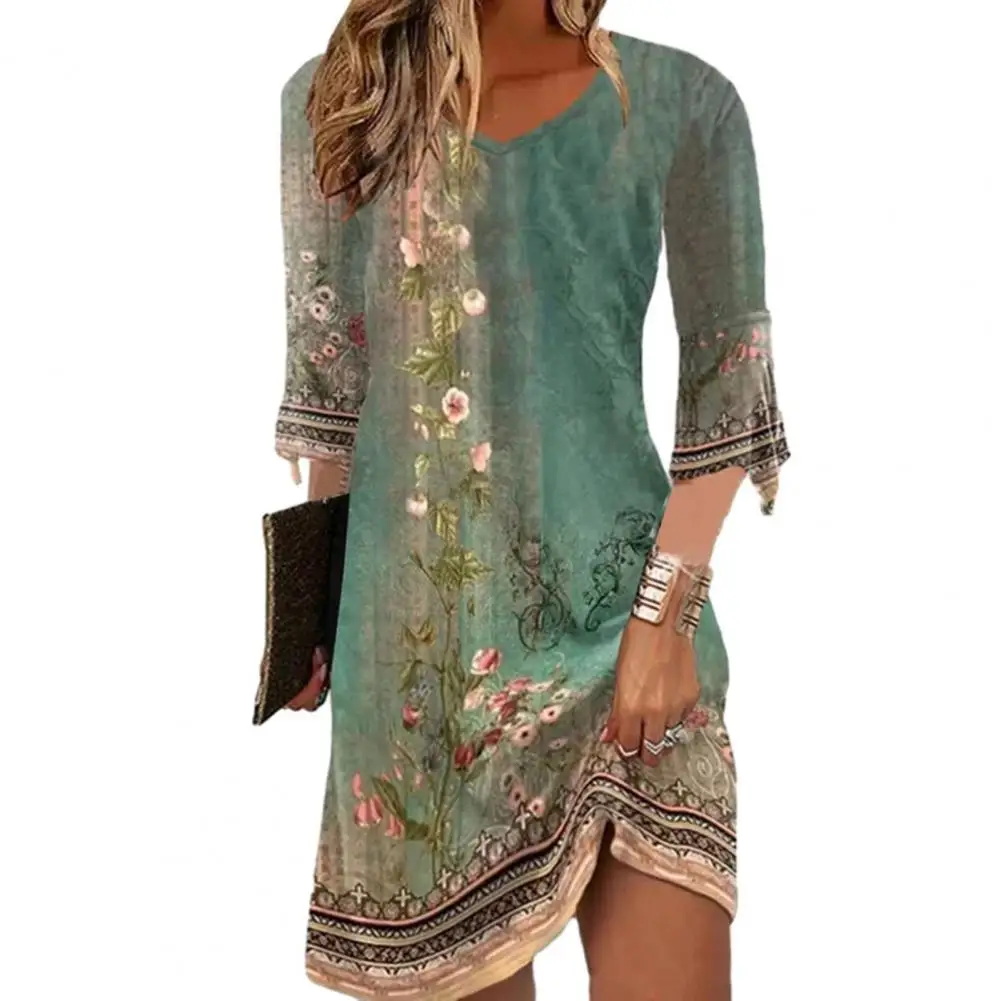 

2023 New Fashion Dress Vintage Print A-line Dress Three Quarter Sleeves V Neck Above Knee