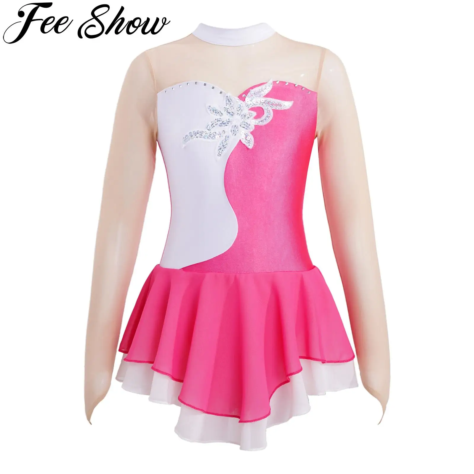 

Kids Girls Sequins Faux Diamonds Adorned Ballet Dance Dress Skirted Leotard Figure Ice Skating Competition Performance Costume