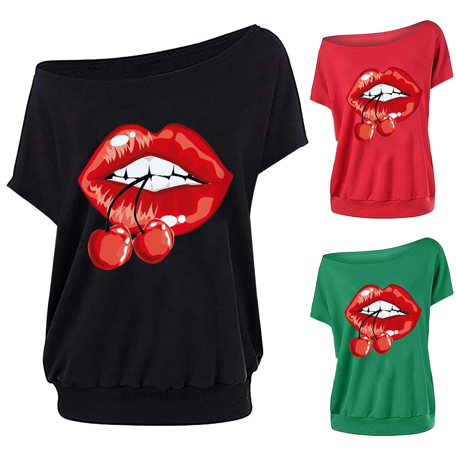 

Футболка женская хлопковая с длинным рукавом, повседневный Топ без бретелек с принтом губ, Повседневная рубашка с коротким рукавом, на лето