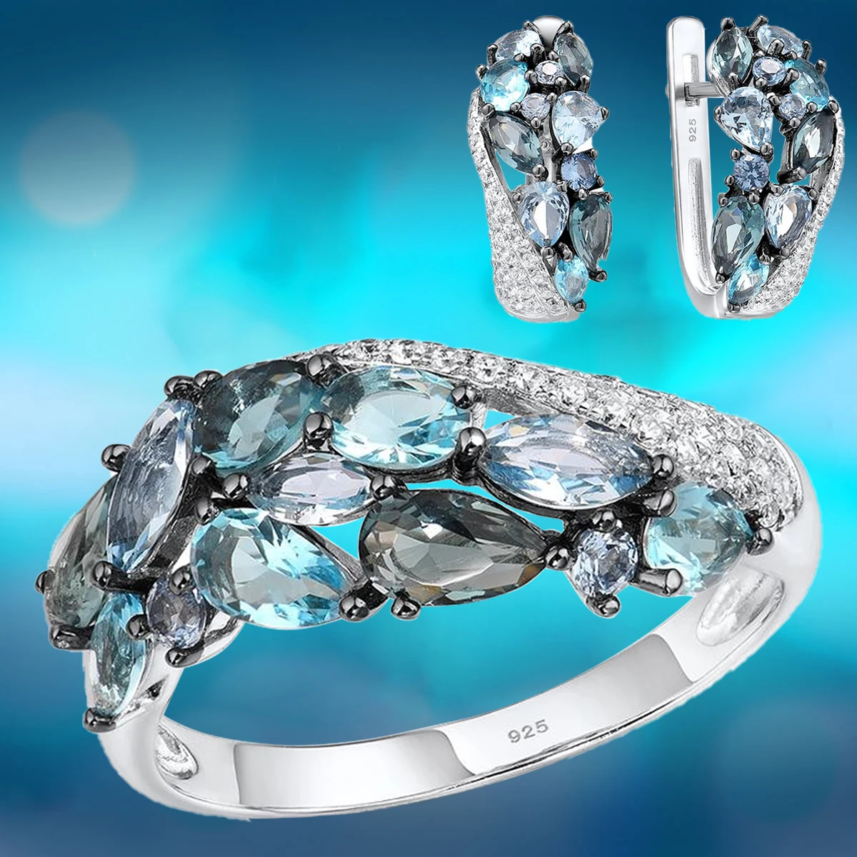 

Aquamarine Crystal Jewelry Set Moissanite Bridal Wedding Engagement Ring Earrings Set Mother's Day Gift Jewelry Joyas Para Damas