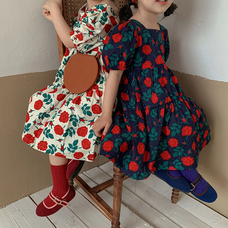 

2022 новое летнее Хлопковое платье MILANCEL для девочек с цветочным принтом розы и квадратным вырезом, свободная детская одежда с пышными рукавам...