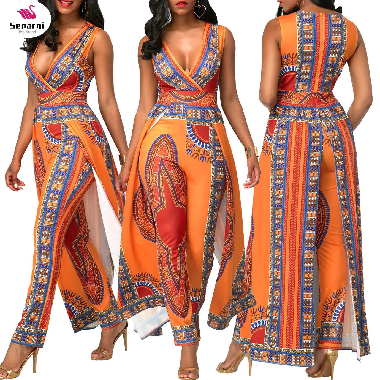 

Платье SEPAQI женское в африканском стиле, модный летний оранжевый этнический Длинный комбинезон с принтом позиционирования, штаны, наряды для женщин