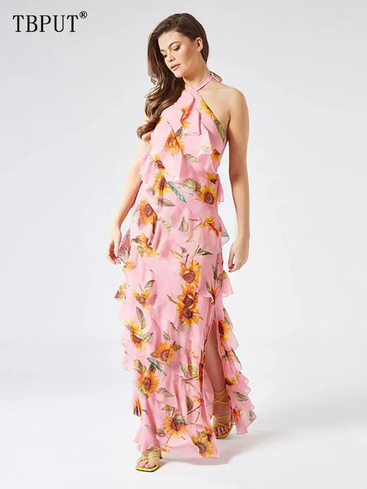 

Женское элегантное платье с принтом подсолнухов, сексуальное многослойное платье без рукавов с воротником-стойкой и оборками, летние вечерние платья с открытой спиной