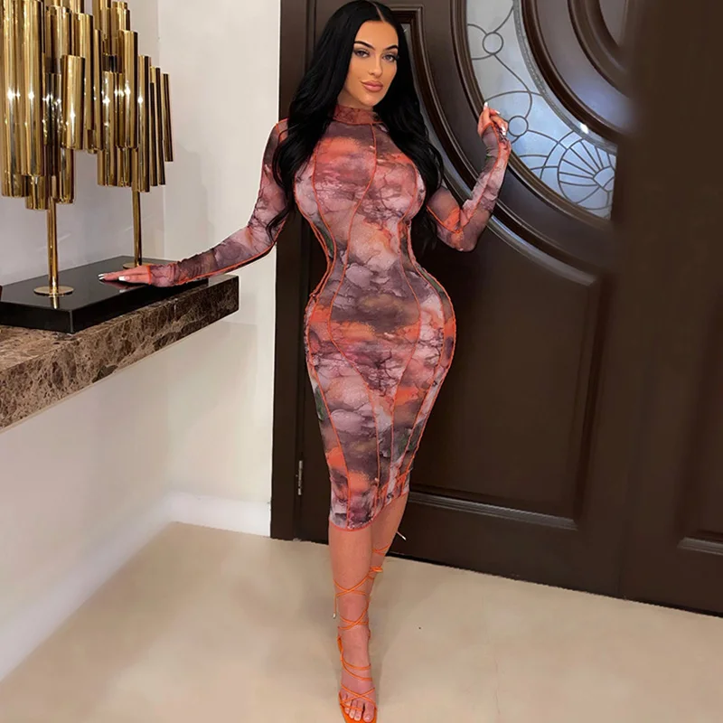 Соблазнительное Сетчатое прозрачное облегающее платье с принтом для женщин Y2K