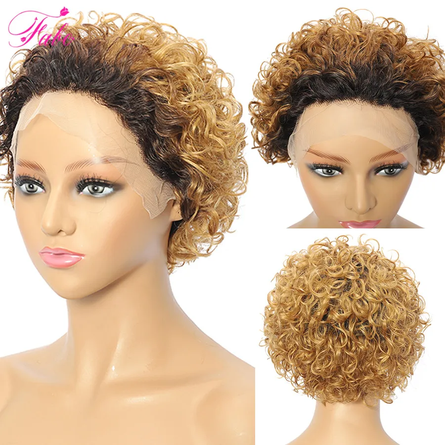 Pixie Cut Wig Short Curly Cheap Human Hair Wigs 13X1 Transparent Lace Wig For Women 1B/27 Water Wave Wig Preplucked Hairline