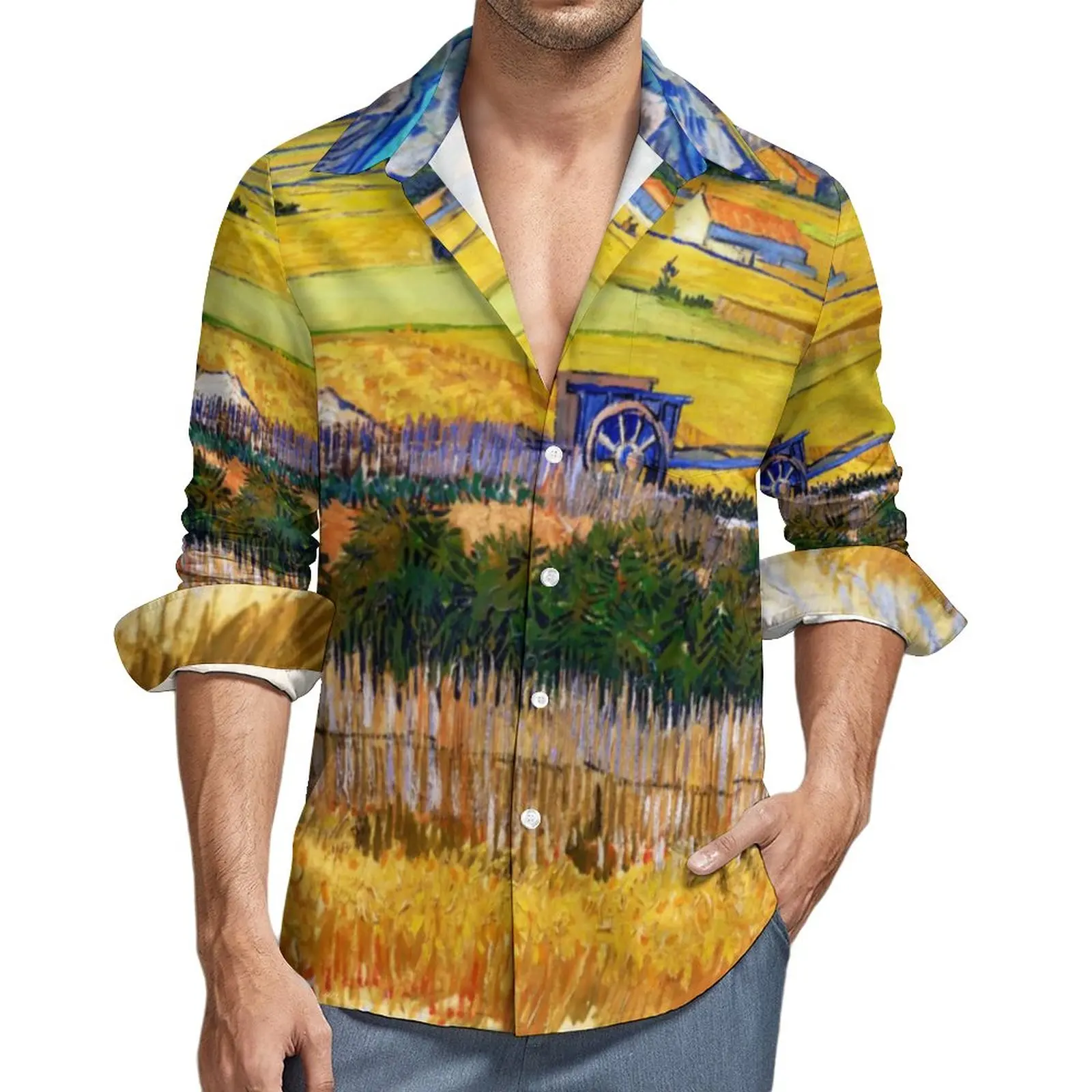 

Van Gogh Shirt Men Autumn Countryside Casual Shirts Autumn Street Style Graphic Blouses Long Sleeve Novelty Oversize Clothes