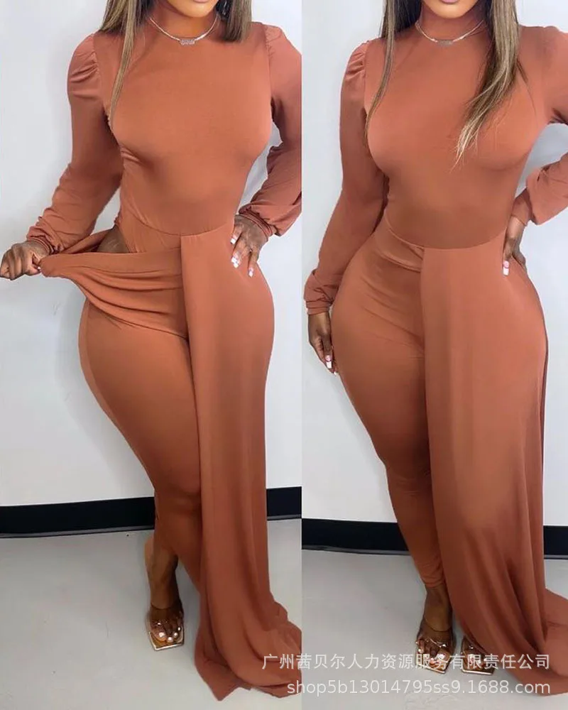 

Puff Lantern Sleeve Zip Back Bodysuit & Pants Set New 2022 Women Spring Summer Tight Elastic High-Waisted Trousers Suit