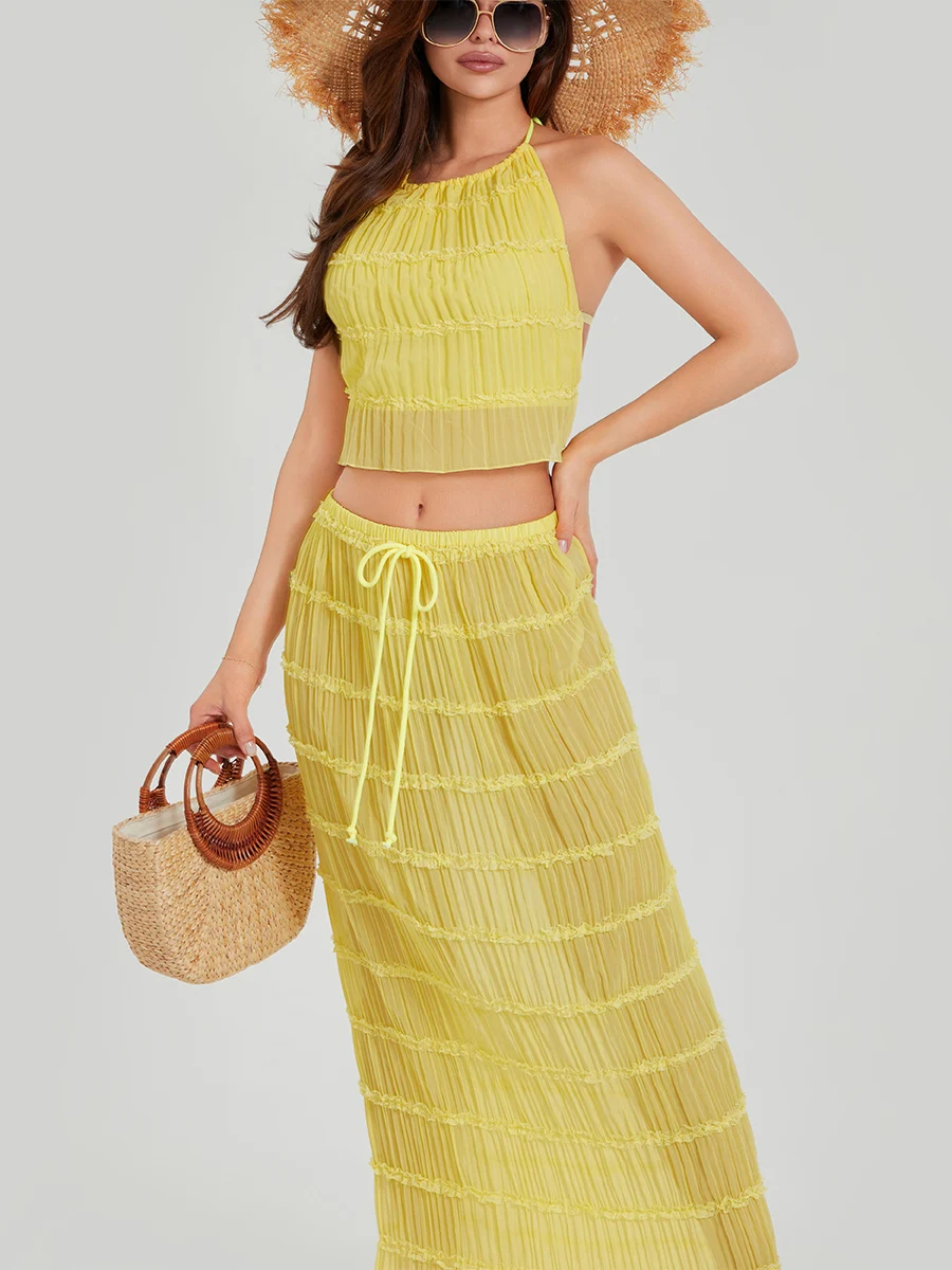 Женский летний комплект из двух предметов с юбкой топ без рукавов рюшами и лямкой