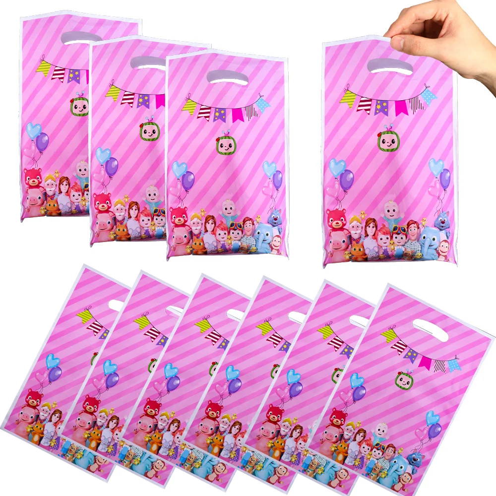 

10Pcs Pink Hot Cartoon JJ Melon Theme Birthday Party Decorations Kids Disposable Tableware Set Baby Shower Girls Party Gift Bags