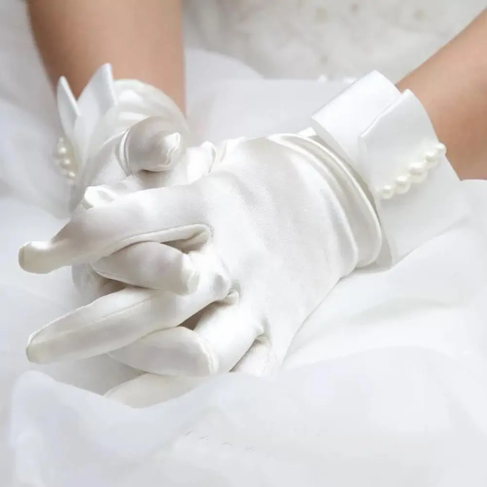 

Women Girls White Prom Pageant Wrist Brides Satin Short Bow Gloves Bead Party Communion Wedding Evening Cosplay Costume Gift