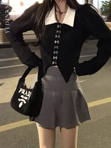 Yedinas Elegant Irregular Hem Blouse Women 2022 Spring Autumn Puff Sleeve Patchwork Turn-down Collar Black Shirts Streetwear Y2k