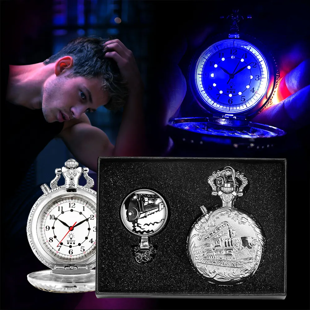 Big Pocket Watch Silver Luxury Led Luminous Steampunk Train Quartz Pocket Watch Necklace Pedent Clock Gifts Set for Men Women