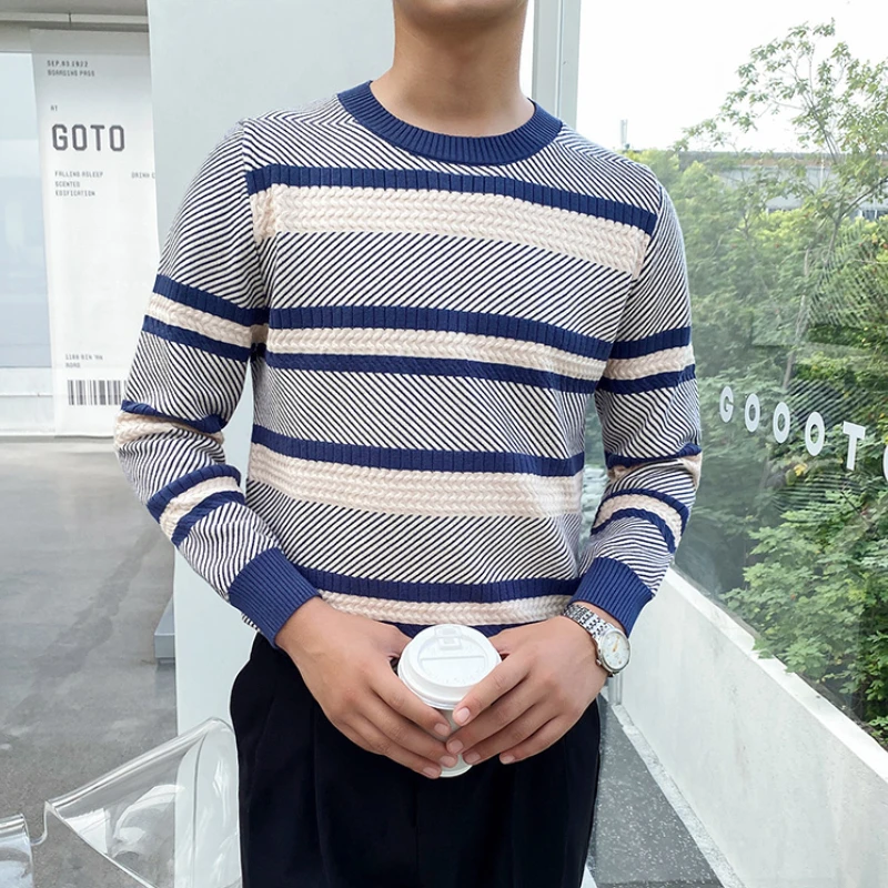 

Autumn Winter Classic Striped Sweater Men Long Sleeve Slim Casual Knitted Pullovers Fashion O-neck Social Streetwear Knitwear