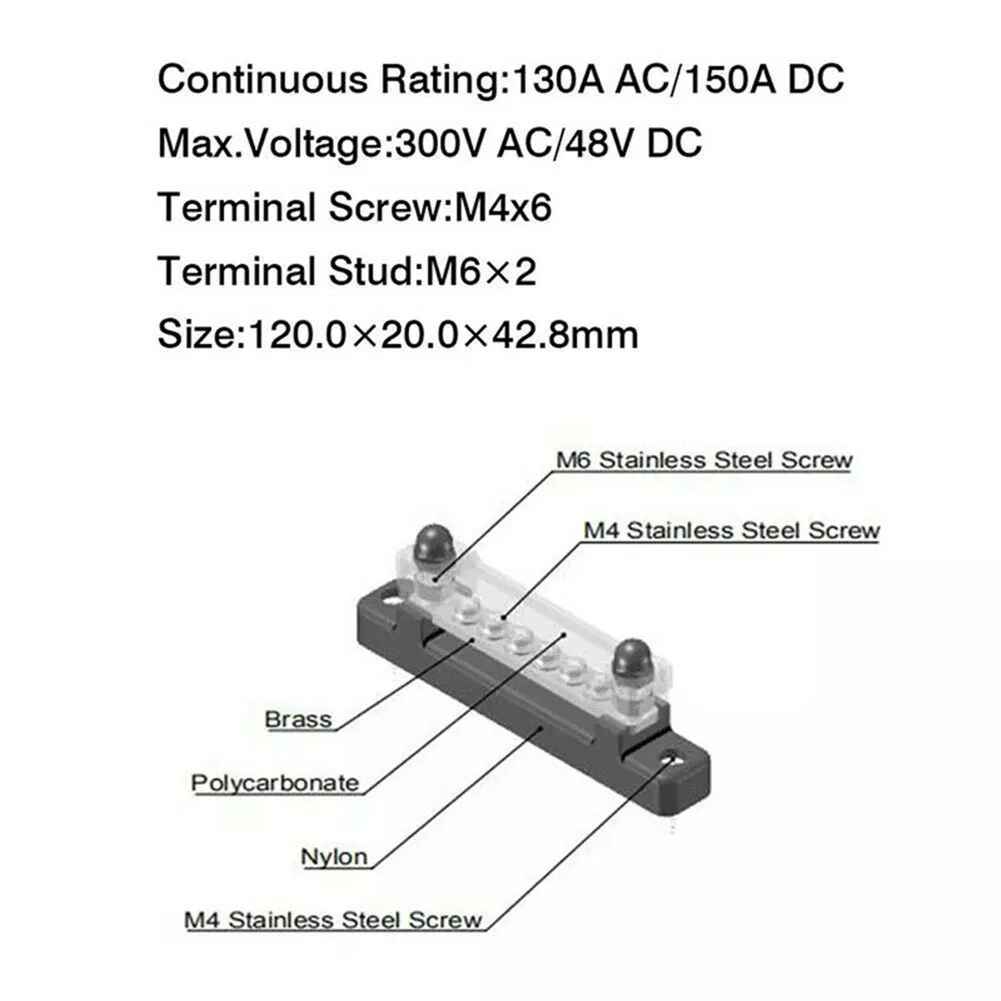 

6 Terminal Bus Bar Kit Stainless Steel Tool Block Distribution Earthing PC Red&black Row Single 300V AC /48V DC