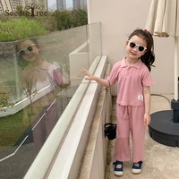 summer childrens set girls solid color turndown collar short sleeve t shirt casual pants two piece suits