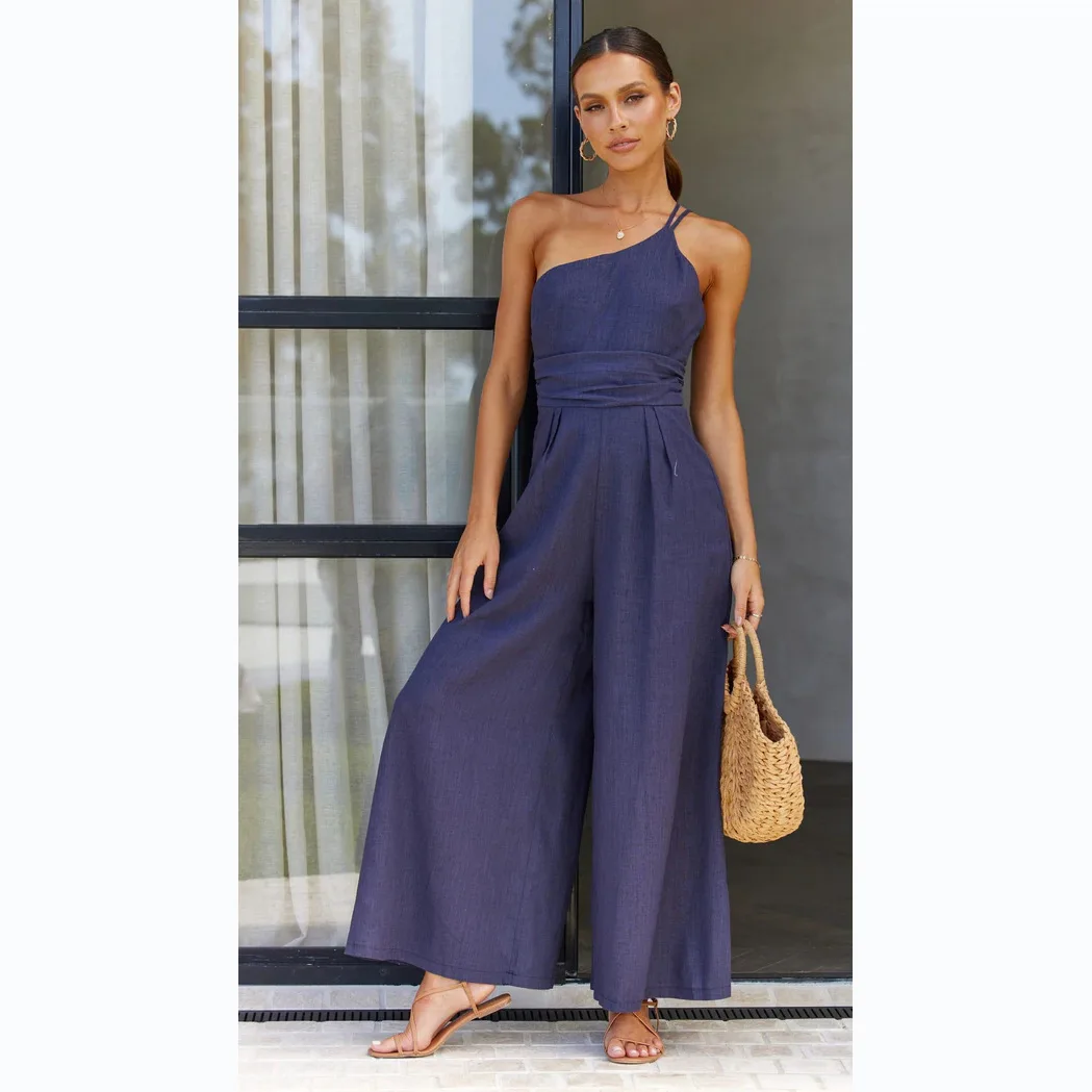 2023 Spring Summer Romper New Women's Jumpsuit Solid Color Loose Wide Leg Cotton Linen Single Shoulder Strap Ladies Clothing