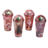 500mlmicro landscape double layer plastic creative glitter cup round lid thermal insulation straw coffee drink cup